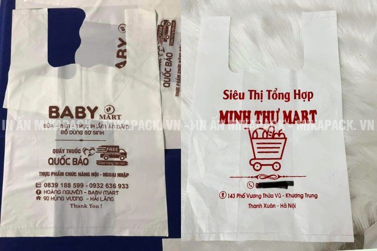 Mẫu in túi xốp hai quai in logo cho siêu thị, cửa hàng tiện lợi.