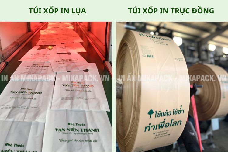 In túi xốp bằng phương pháp in lụa và in trục đồng.