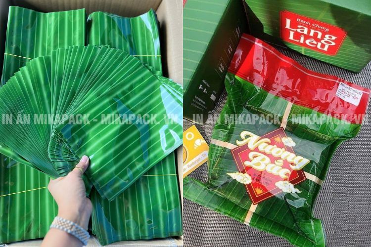Mẫu túi hút chân không in hình vân lá chuối bắt mắt để gói nem, bánh.
