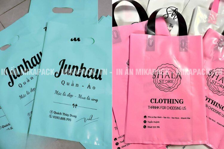 Mẫu in túi PE hột xoài đẹp cho shop thời trang.