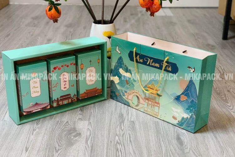 Mẫu in bao bì trà, hộp giấy, túi giấy cao cấp, sang trọng.