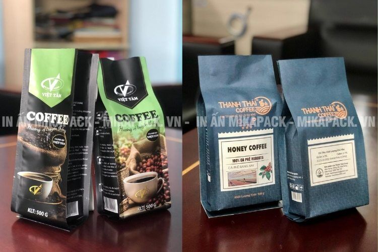 In bao bì cà phê giấy (túi zip giấy, túi giấy 4 biên,...) phù hợp phân khúc cao cấp.