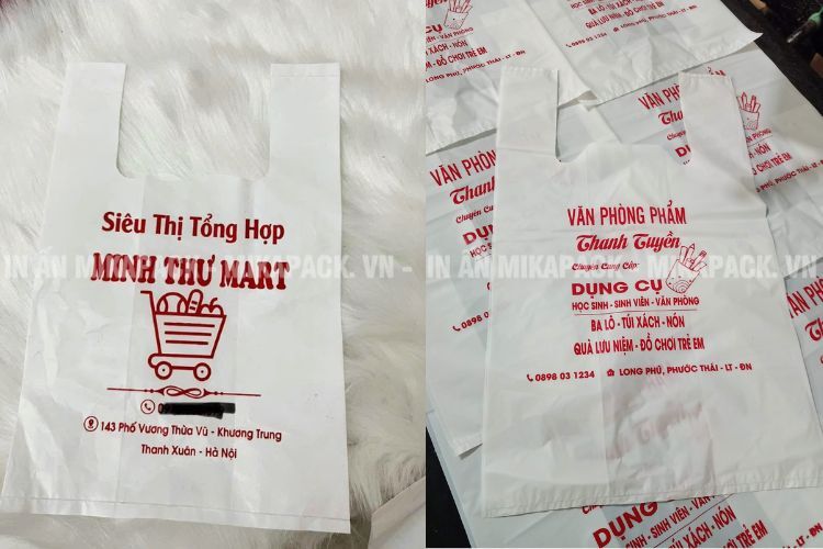 In túi siêu thị HDPE còn được sử dụng cho cửa hàng thực phẩm, siêu thị sách.