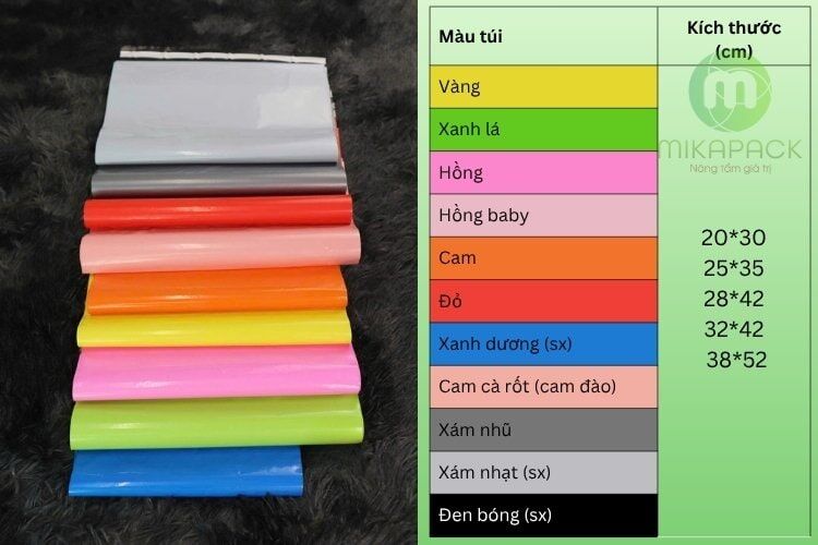 Bảng size túi niêm phong có sẵn đáp ứng in lụa từ 10kg.