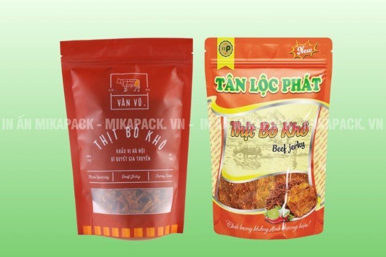 Bao bì khô bò kiểu dáng túi zip đáy đứng.