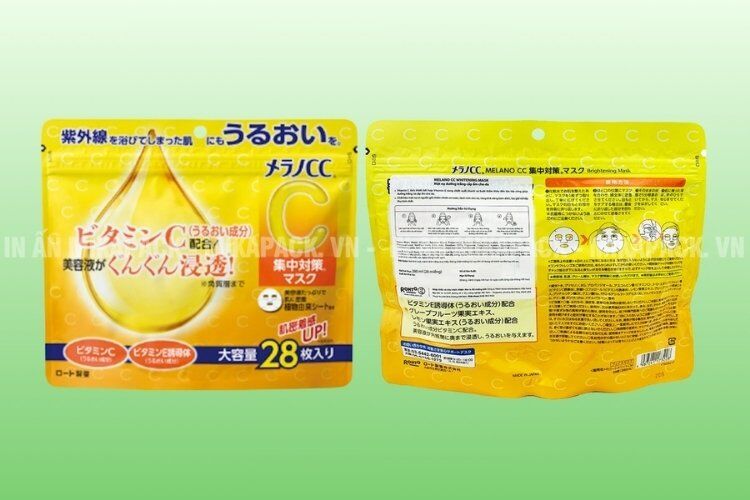 Mẫu bao bì mặt nạ tích hợp khóa zip bấm, in ấn màu sắc tươi sáng.