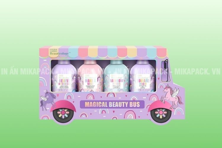 Mẫu bao bì sáng tạo đựng sữa tắm, in ấn màu sắc sống động.