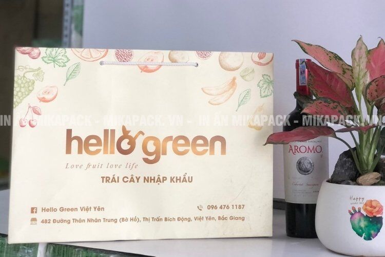 Túi giấy in logo chuyển màu sang trọng, dành cho hoa quả nhập khẩu cao cấp.