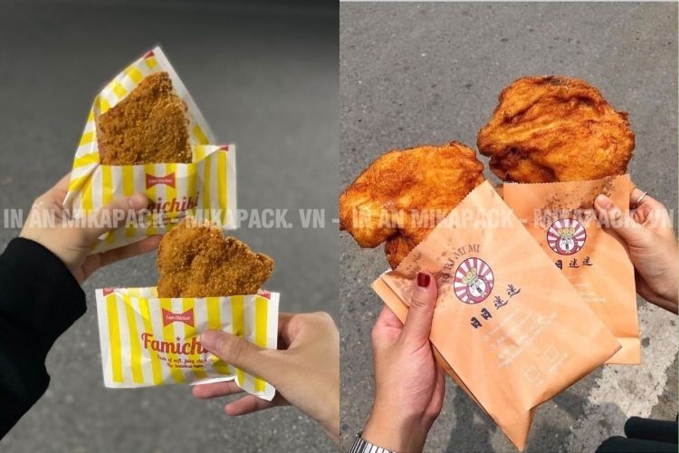 Túi giấy đựng gà rán in đầy đủ thông tin sản phẩm, thương hiệu